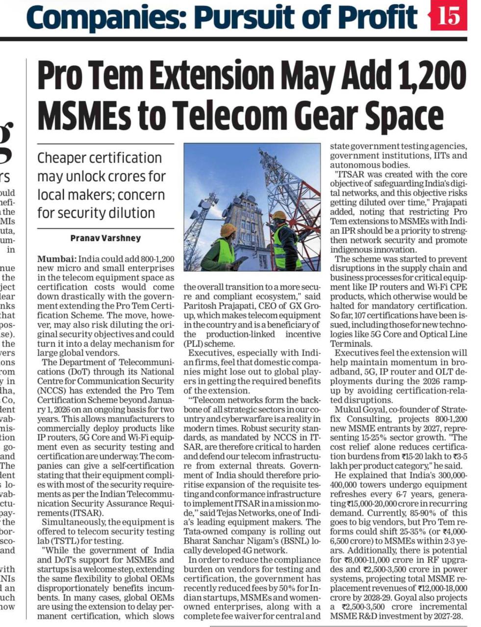 Pro tem extension may add 1,200 MSMEs to telecom gear space